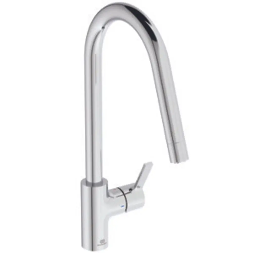 Küchenarmatur von Ideal Standard, ausgestattet mit einem flexiblen, hochgezogenen Auslauf und einer einfachen Bedienung über einen Hebel. Oberfläche in Chrom.